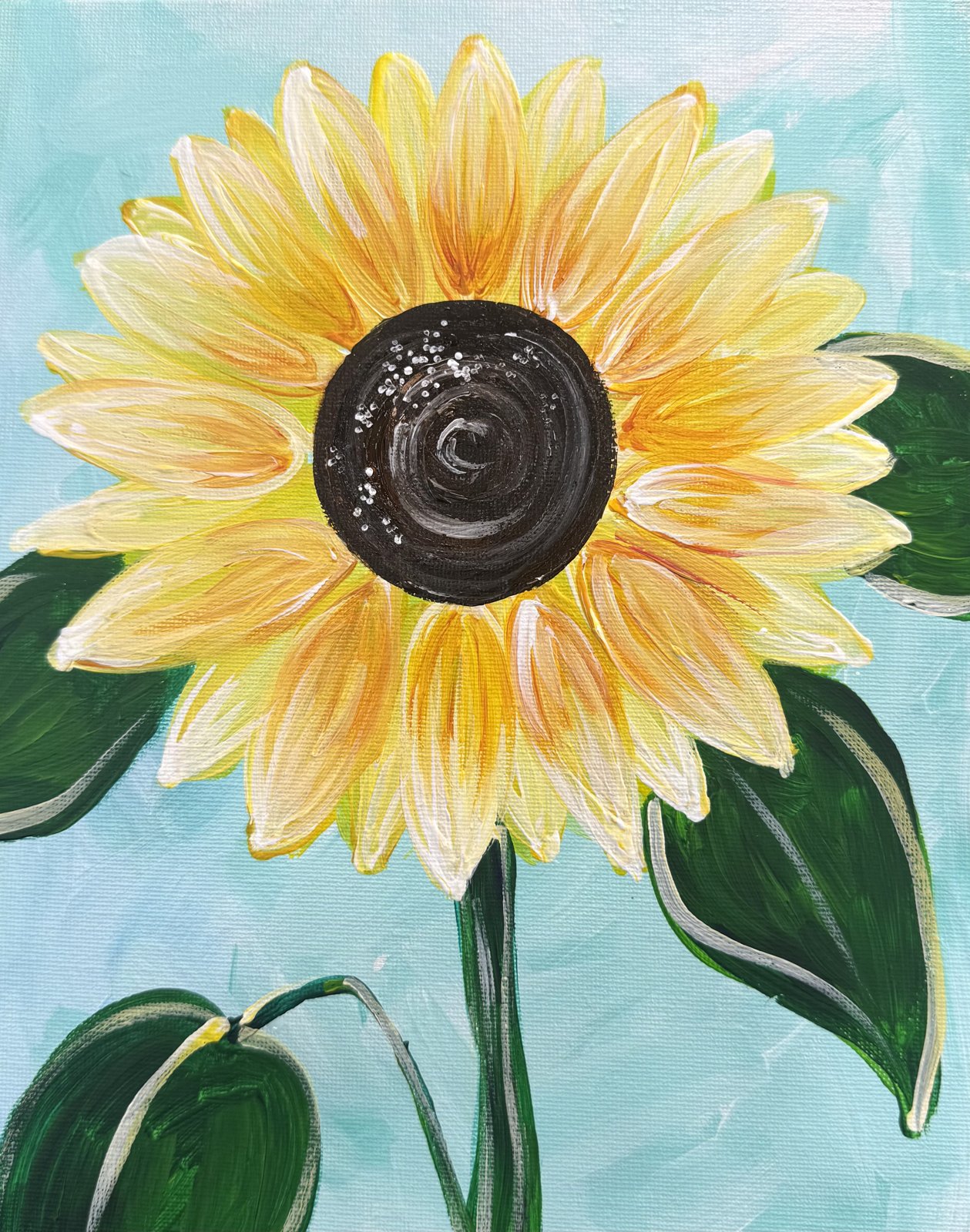 Acrylic painting of a single sunflower on a turquoise sky