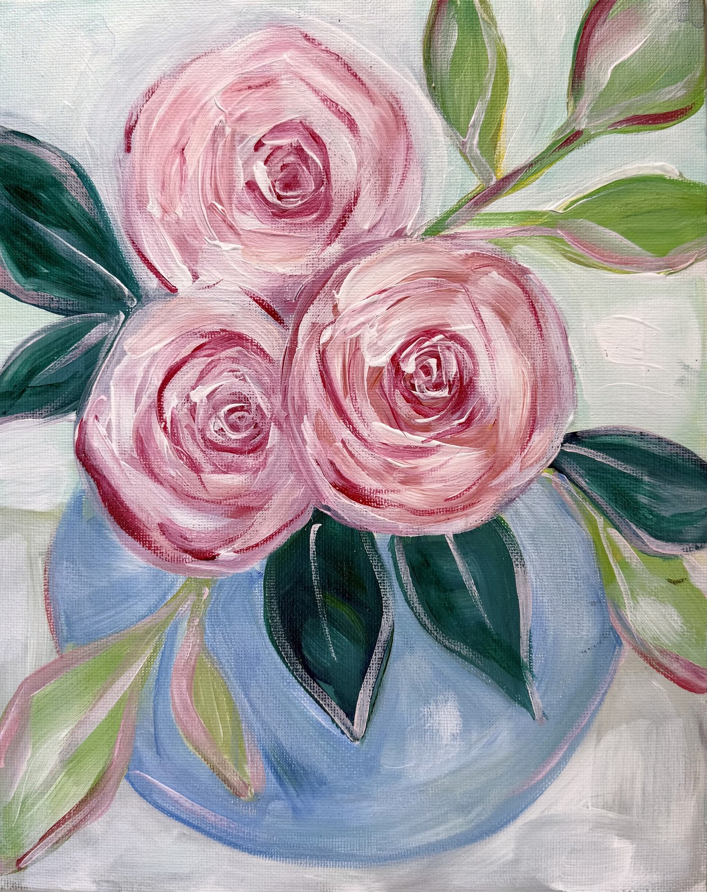 Acrylic painting of blush roses in a blue vase