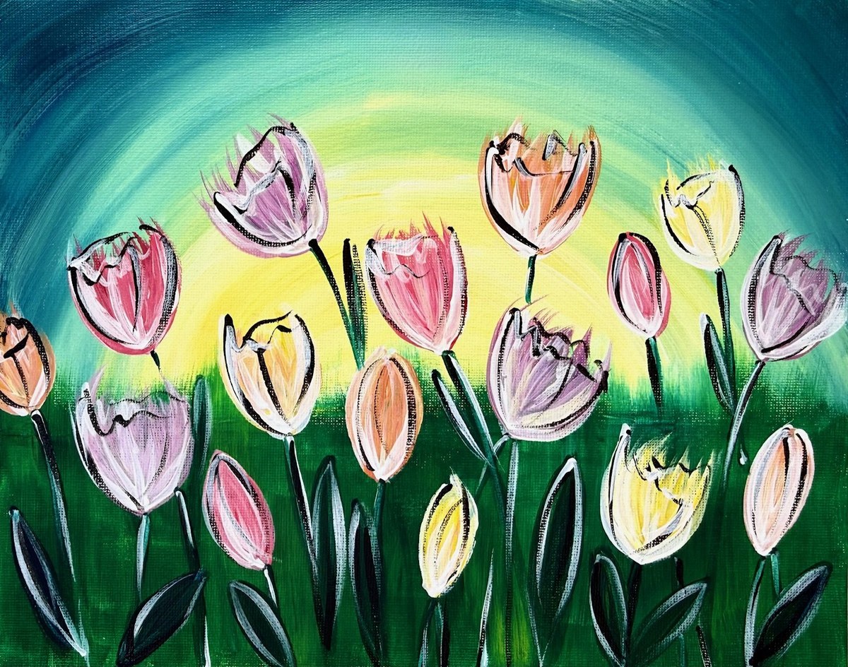Acrylic painting of pink tulips